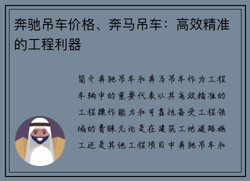 奔驰吊车价格、奔马吊车：高效精准的工程利器
