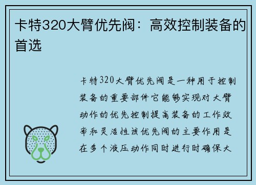 卡特320大臂优先阀：高效控制装备的首选