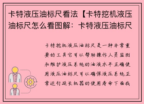 卡特液压油标尺看法【卡特挖机液压油标尺怎么看图解：卡特液压油标尺：解读与应用】